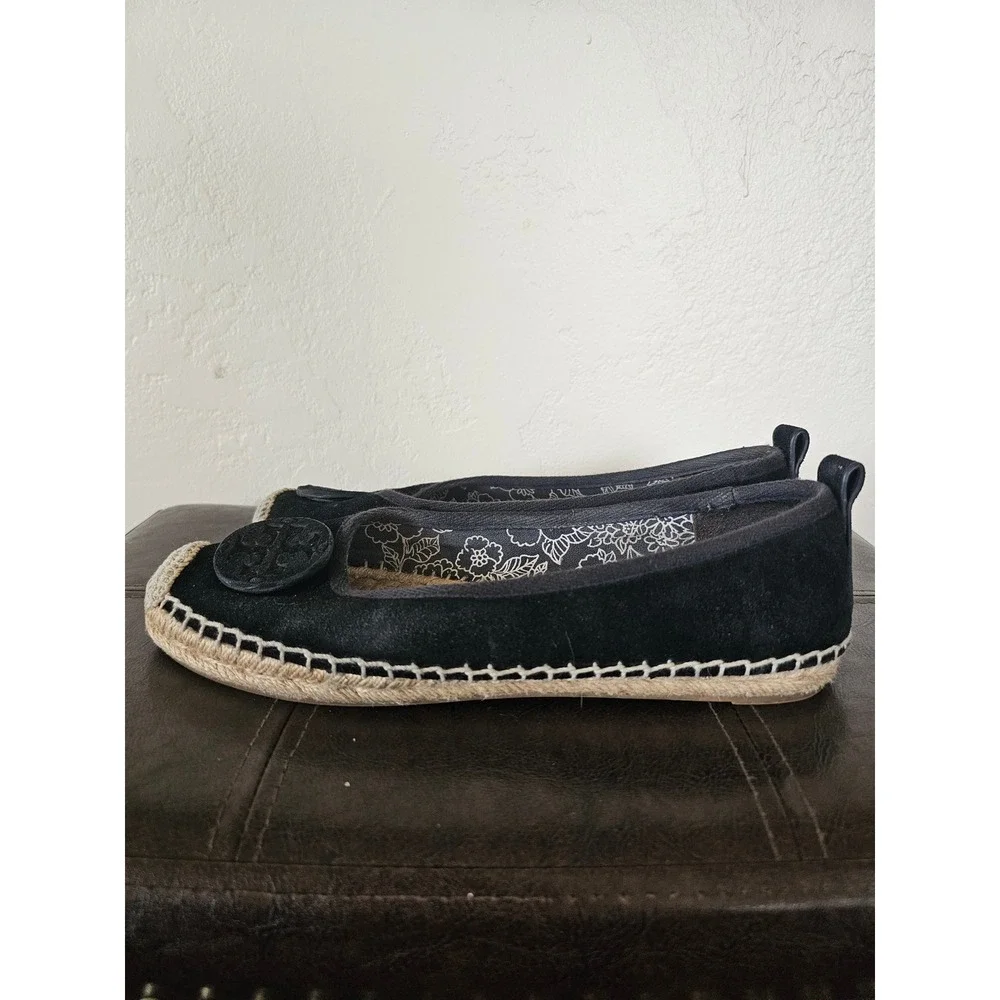 TORY‎ BURCH BLACK SUEDE BOHEMIAN CHIC FLAT CAP TOE ESPADRILLE FLATS SZ 7.5